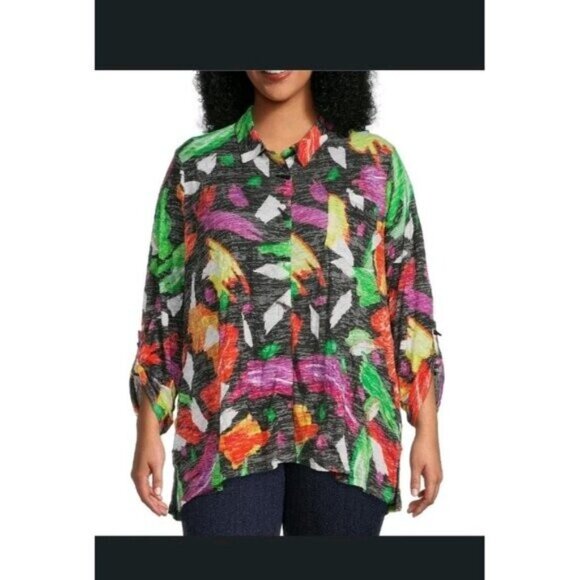 Ali Miles Tunic Womens XL Multicolor Floral LS Roll Up Tab Boho Crinkle Buttons - Picture 15 of 16